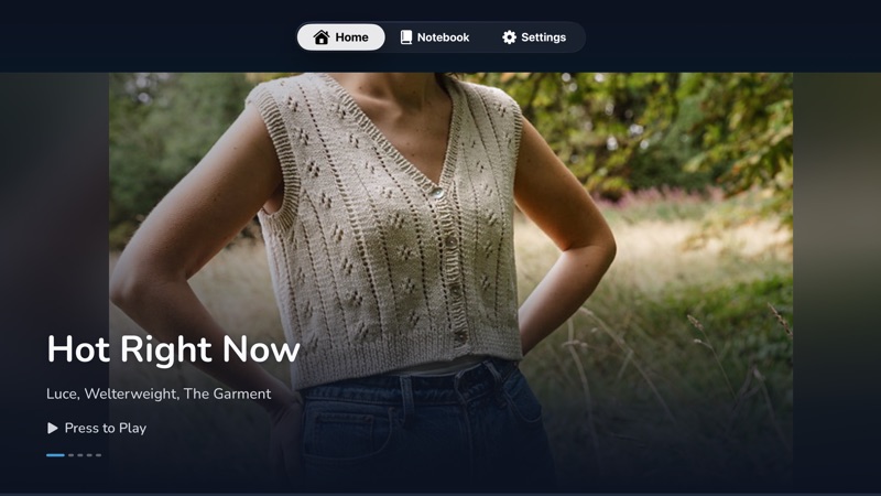 The Apple TV home screen: the Home, Notebook and Settings tabs across the top, and a full-screen Hot Right Now hero with Press to Play beneath the pattern name