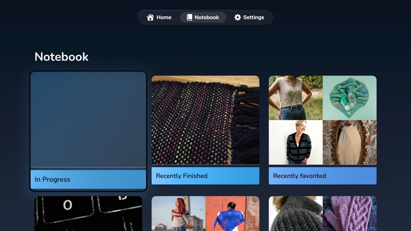 The Notebook tab on the television, with In Progress, Recently Finished and Recently favorited tiles above further rows of your own lists