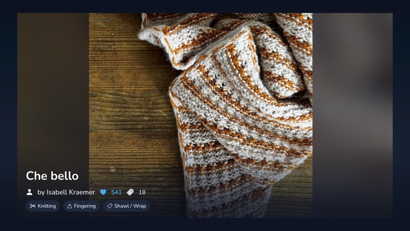A shawl playing fullscreen on the television, the photograph shown at its own proportions rather than cropped, with the pattern name, its designer and the craft, yarn weight and category beneath