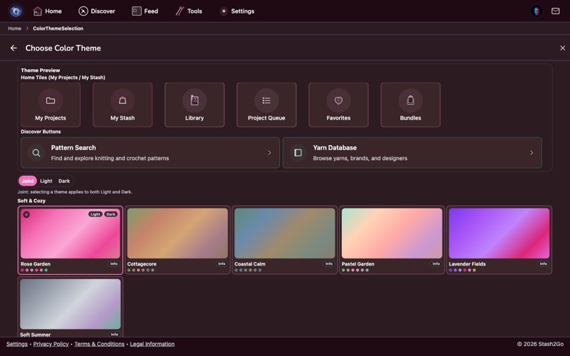 Theme picker showing 30 handcrafted color themes to choose from