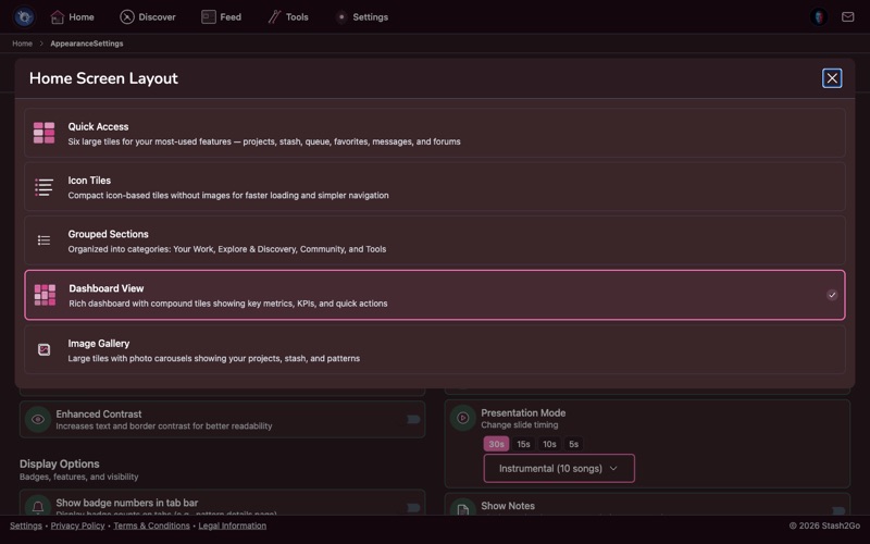 Home layout options showing Basic, Organized, Masonry, and Carousel layouts
