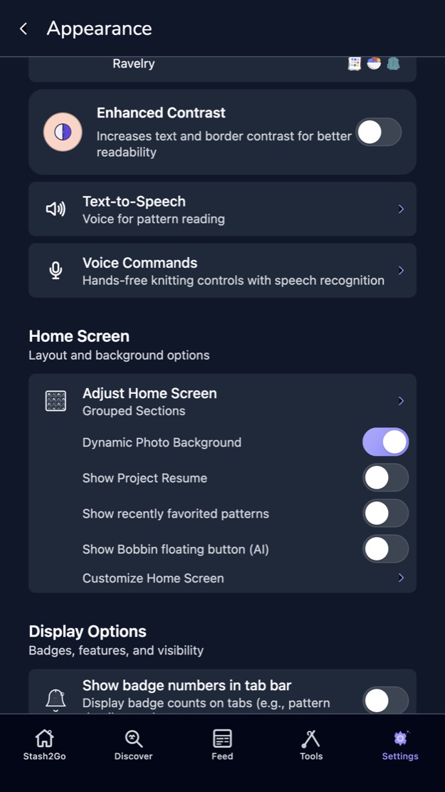 The display options section with the tab-bar badge switch