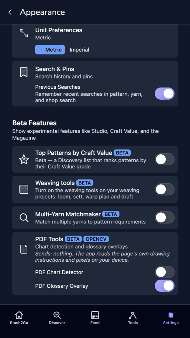 The four beta features, each with its own switch