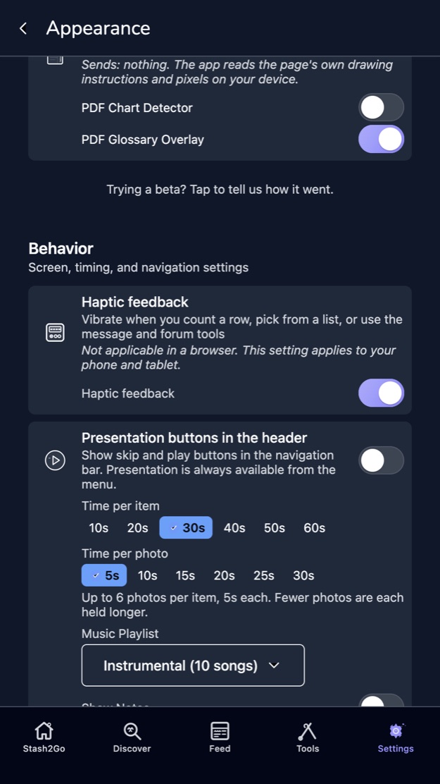 The behavior section with presentation timings and the music playlist
