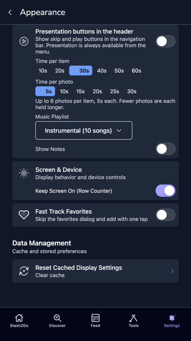 Screen and device settings, and the data management section