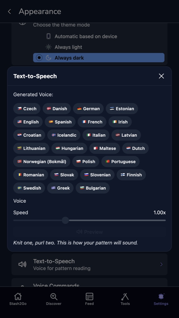 The text-to-speech panel with its language chips, voice, speed slider and preview line
