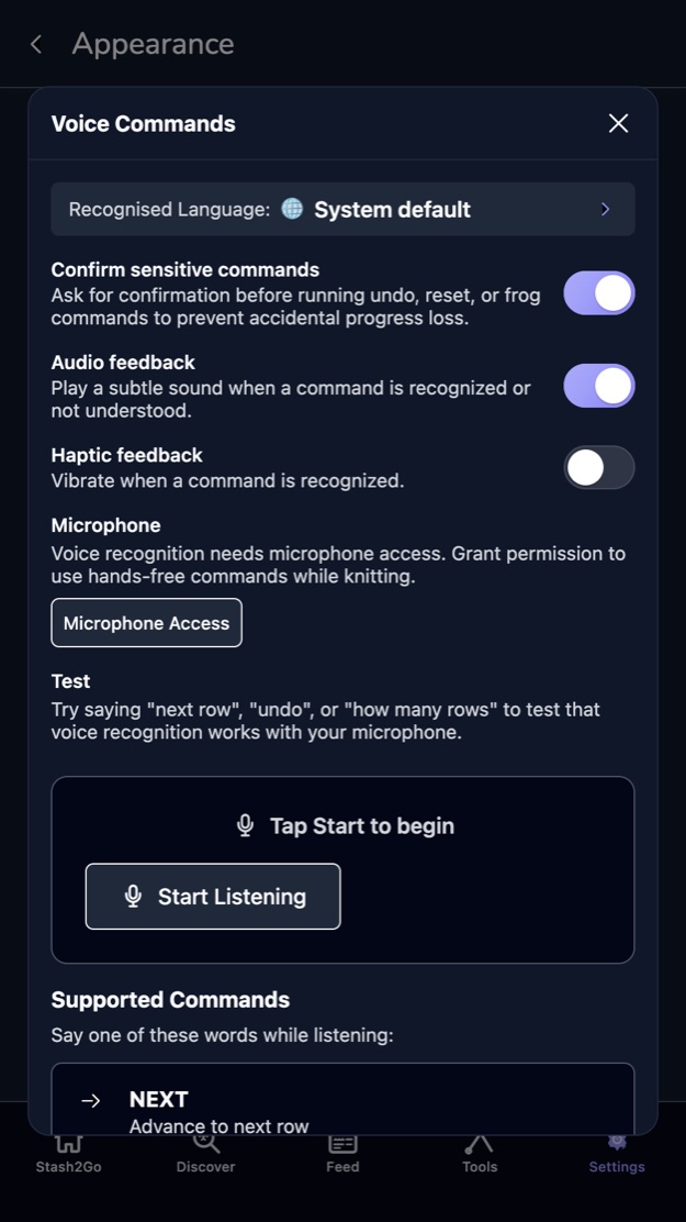 The voice commands panel with its toggles, microphone access and list of spoken commands