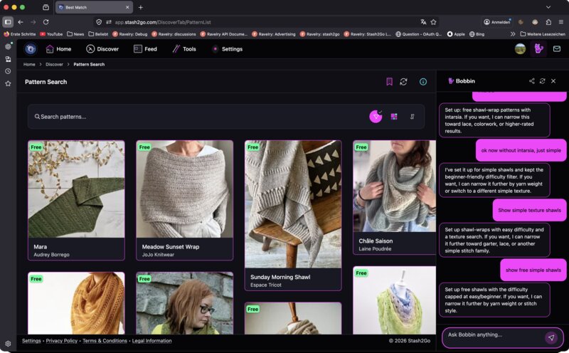 Bobbin suggesting shawl-wrap patterns with search results displayed alongside the conversation