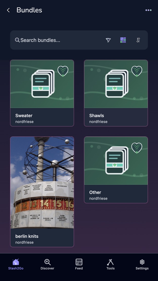 Bundles on a phone, with a search box and three buttons above them