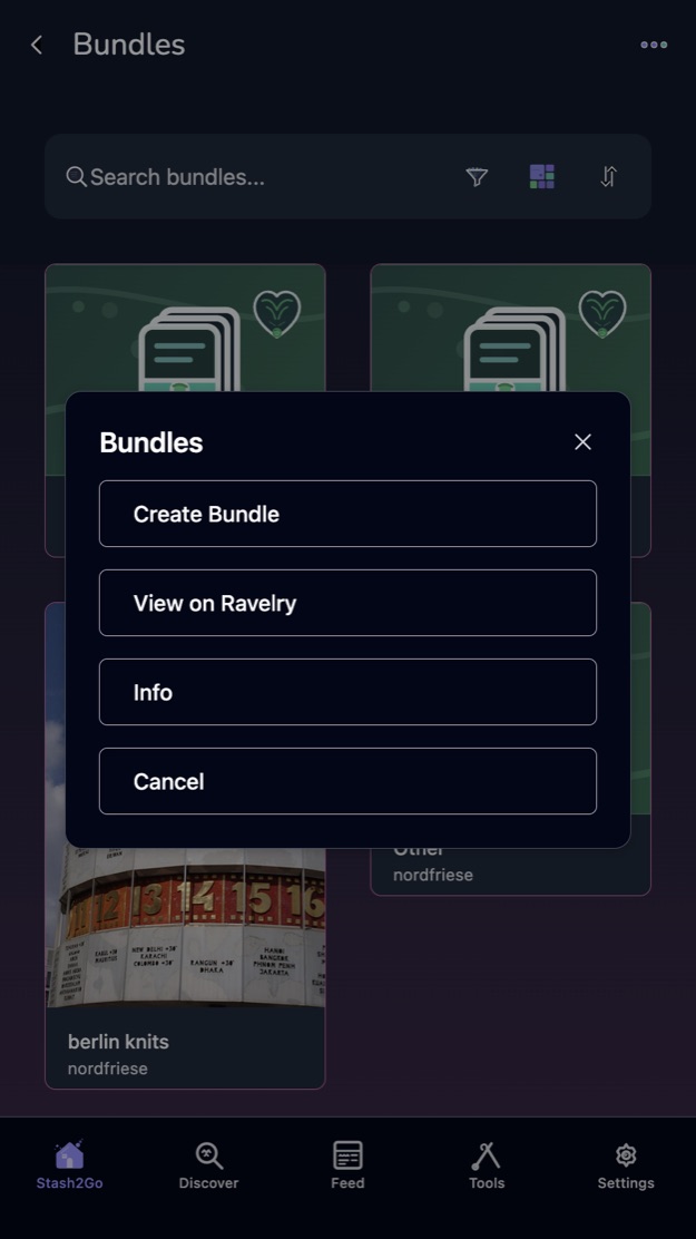 The bundles menu with Create Bundle at the top