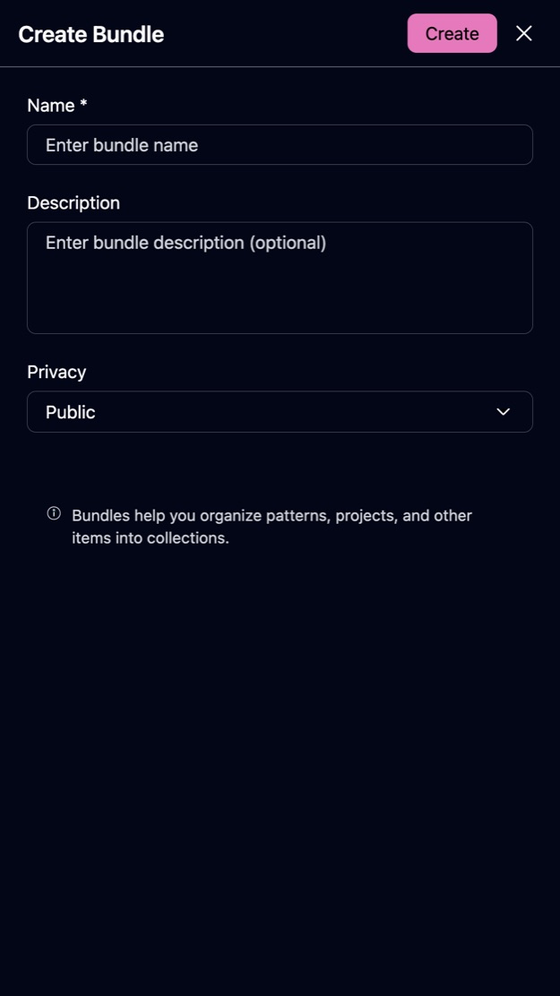 The create bundle form asking for a name, a description and a privacy setting