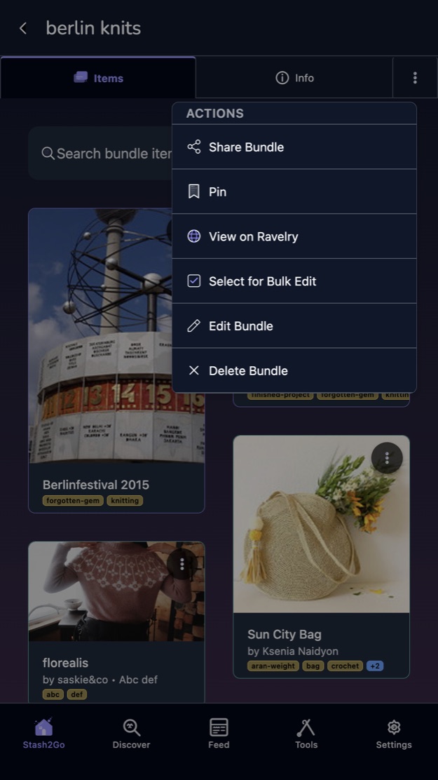 The bundle menu offering share, pin, select for bulk edit, edit and delete