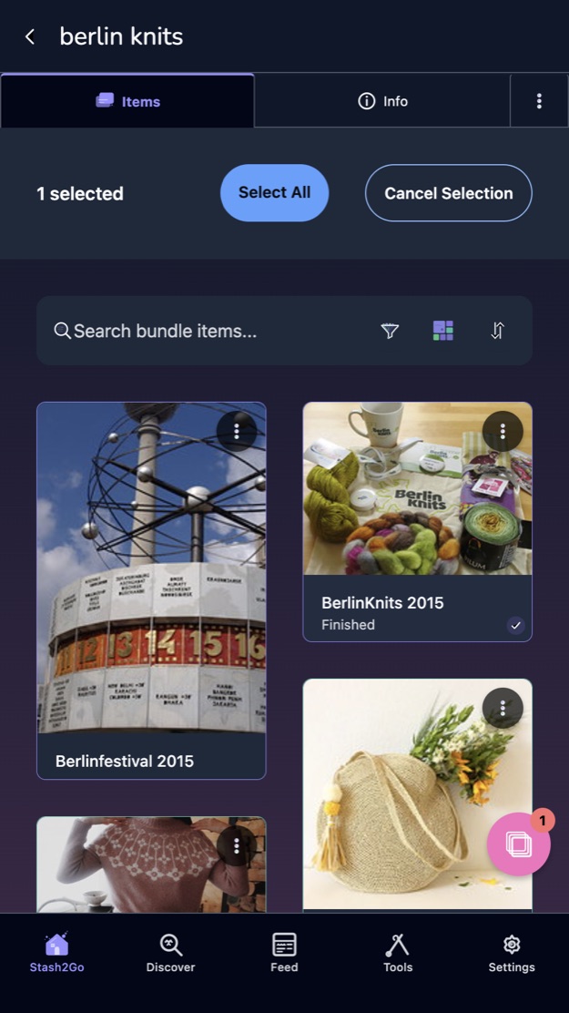 Selection mode with one item ticked and a count in the header