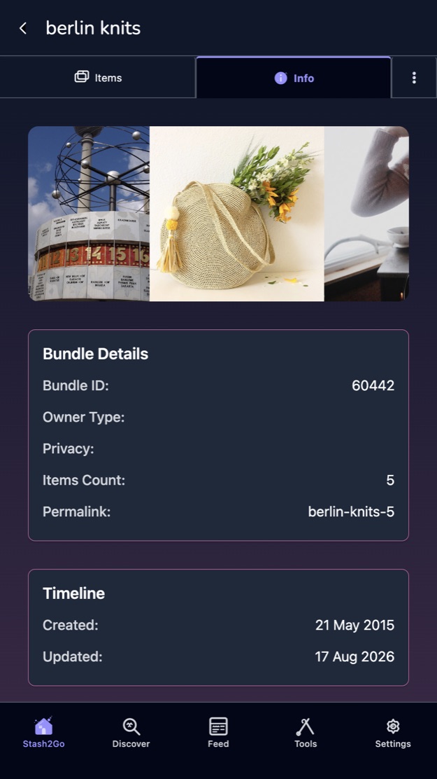 A bundle info tab showing its item count, privacy, permalink and dates