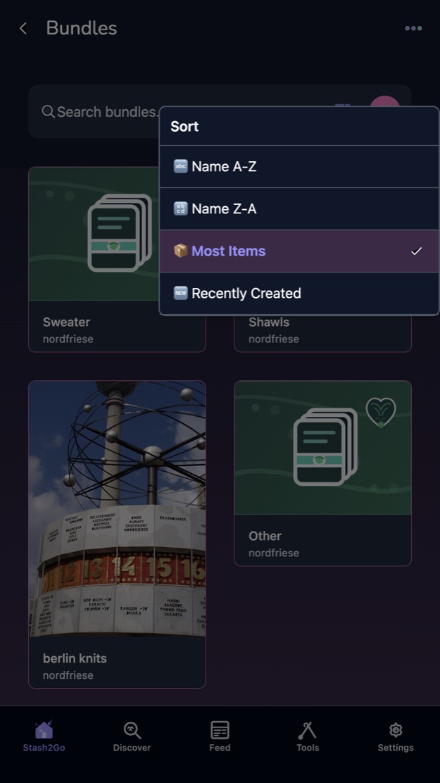 A sort offering name A to Z, name Z to A, most items and recently created