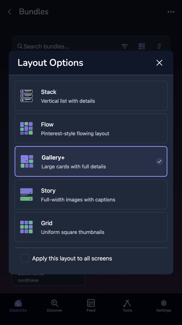Layout options: stack, flow, gallery plus, story and grid