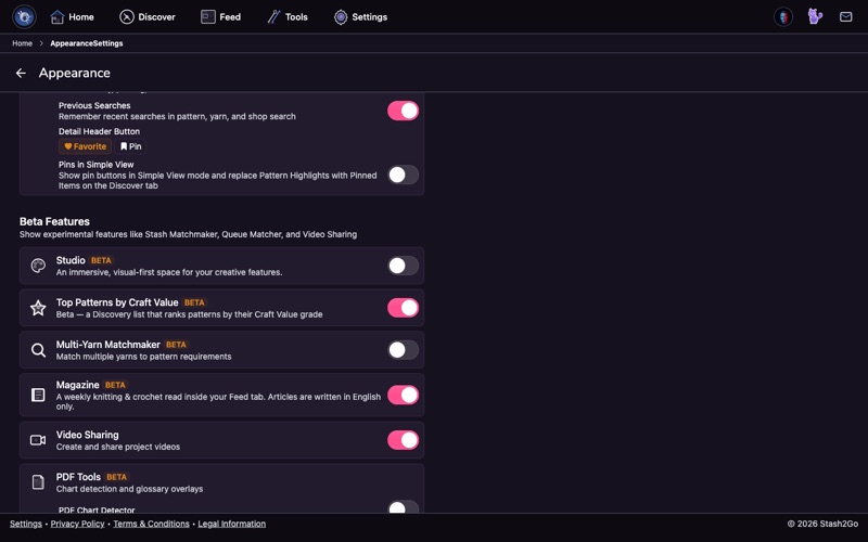 Appearance settings showing the Top Patterns by Craft Value beta toggle