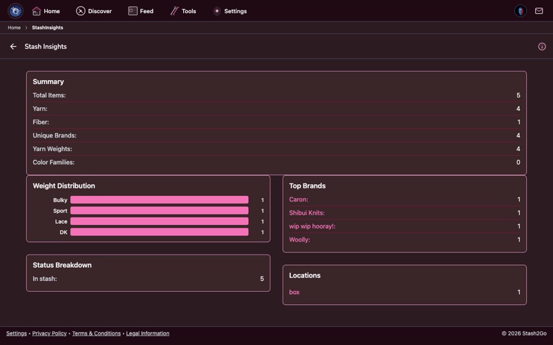 Stash Insights showing total yardage, weight distribution, color palette, fiber composition, and brand breakdown