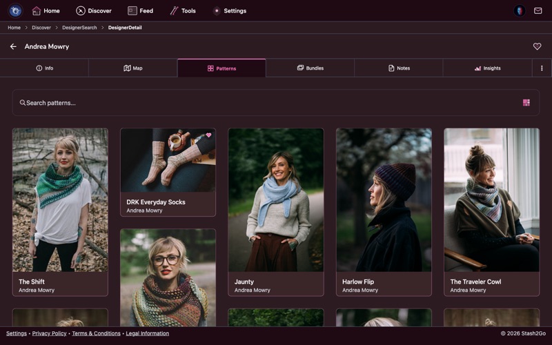 Designer's pattern list with filter options in Stash2Go