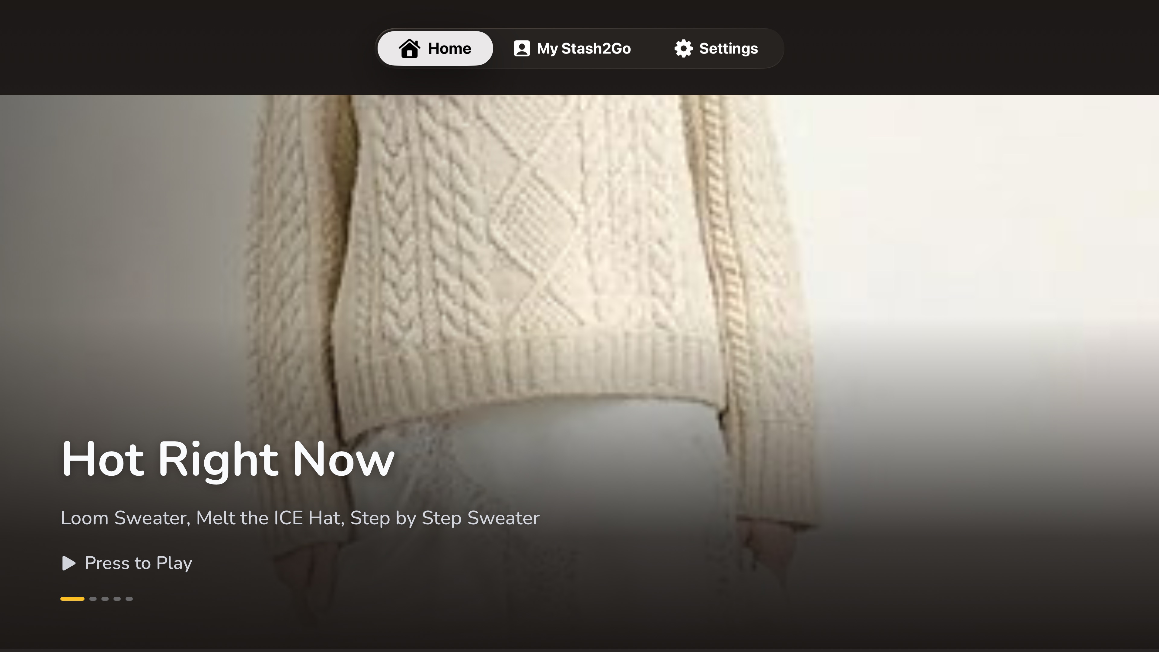 Stash2Go on Apple TV showing Hot Right Now patterns with horizontal-rail layout