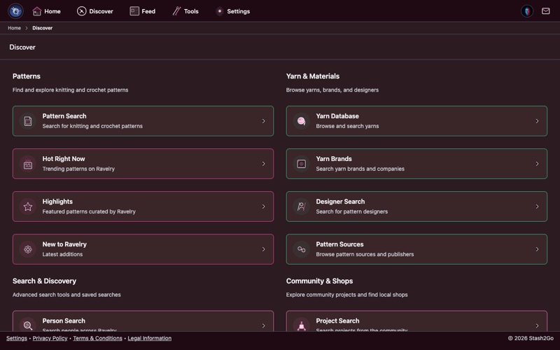 Stash2Go Discover tab showing Patterns and Yarn & Materials sections