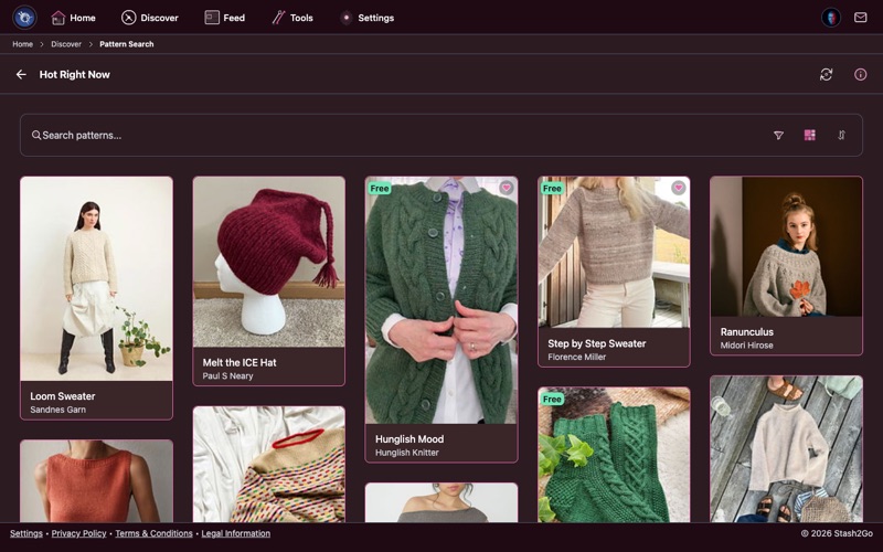 Hot Right Now showing trending patterns with photos in a grid layout