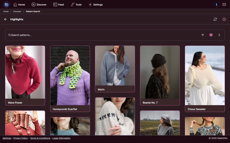 Highlights screen showing curated pattern collections from Ravelry editors