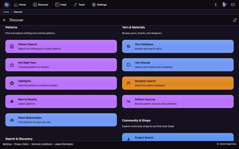 Community & Shops section for browsing projects and finding local yarn stores