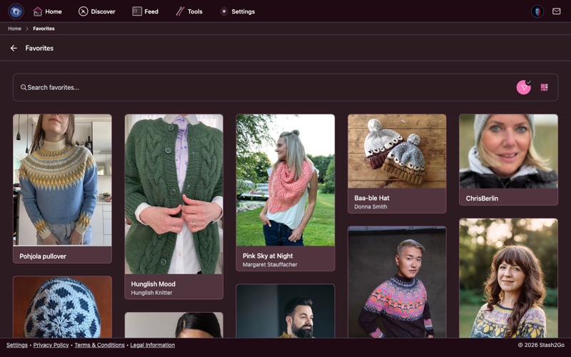 Stash2Go Favorites screen showing bookmarked patterns, yarns, and designers
