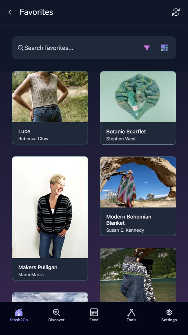 Favourites on a phone, with a search box above the grid