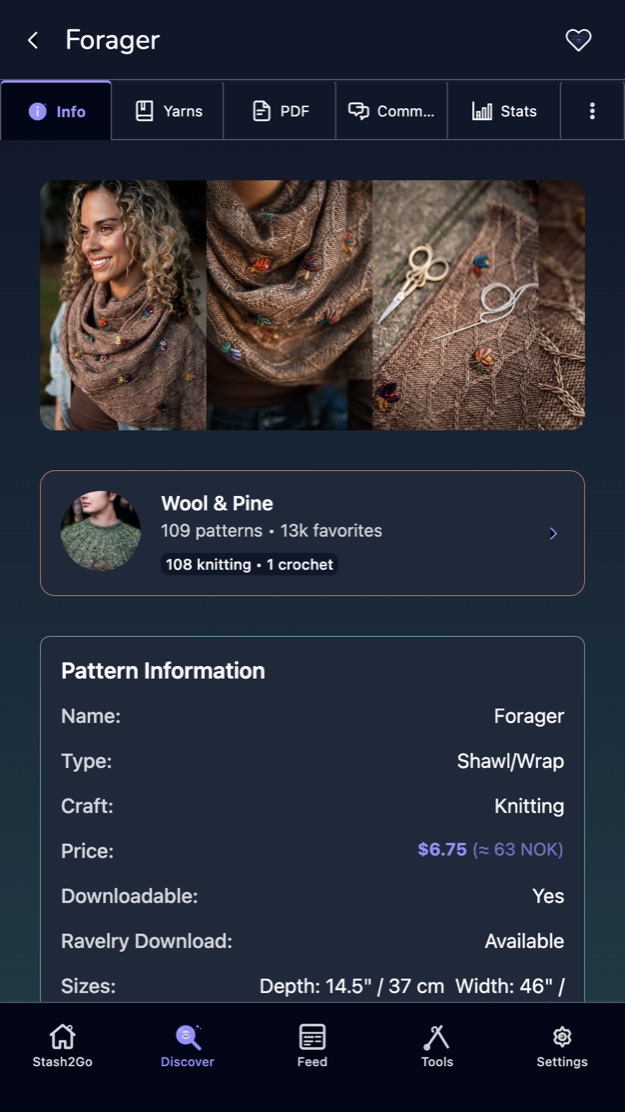 A pattern page with the heart button in the top corner
