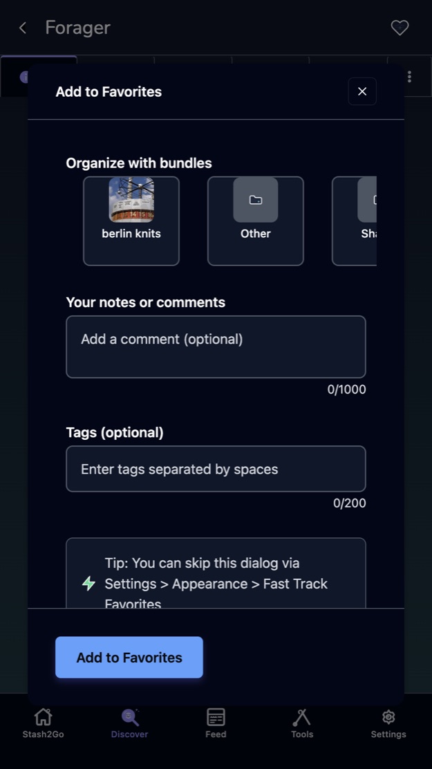 The add to favourites box, offering bundles, a note and tags