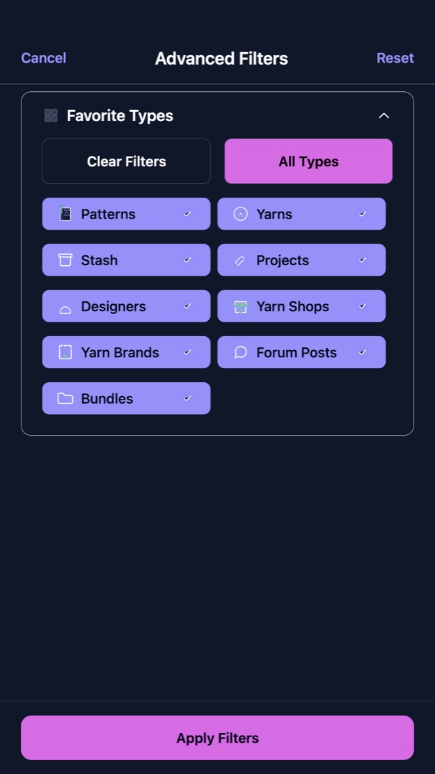 The favourite types filter, listing patterns, yarns, projects, designers and more