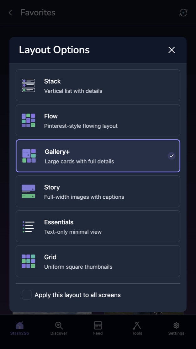 Layout options: stack, flow, gallery plus, story, essentials and grid
