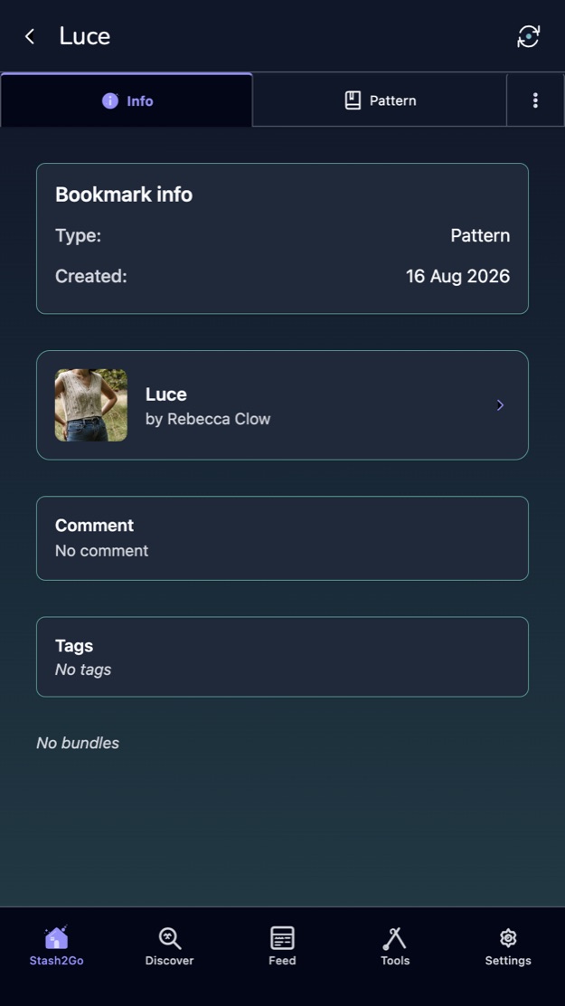 A saved favourite showing its type, the date, its comment, tags and bundles