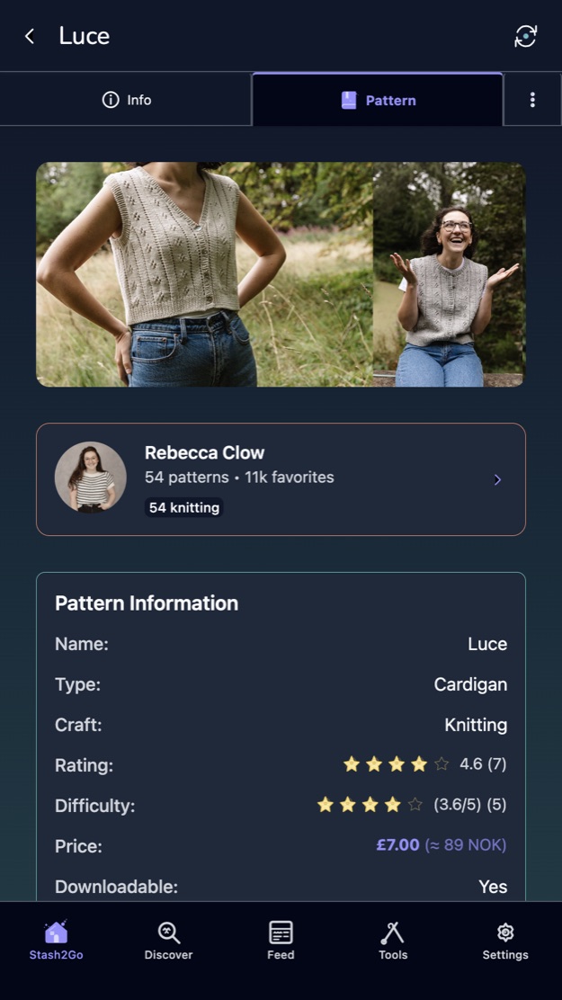 The same favourite on its pattern tab, with the full pattern details