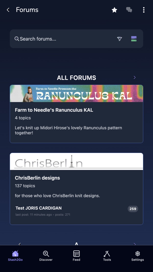 The forum list on a phone, with a search box and the groups you belong to