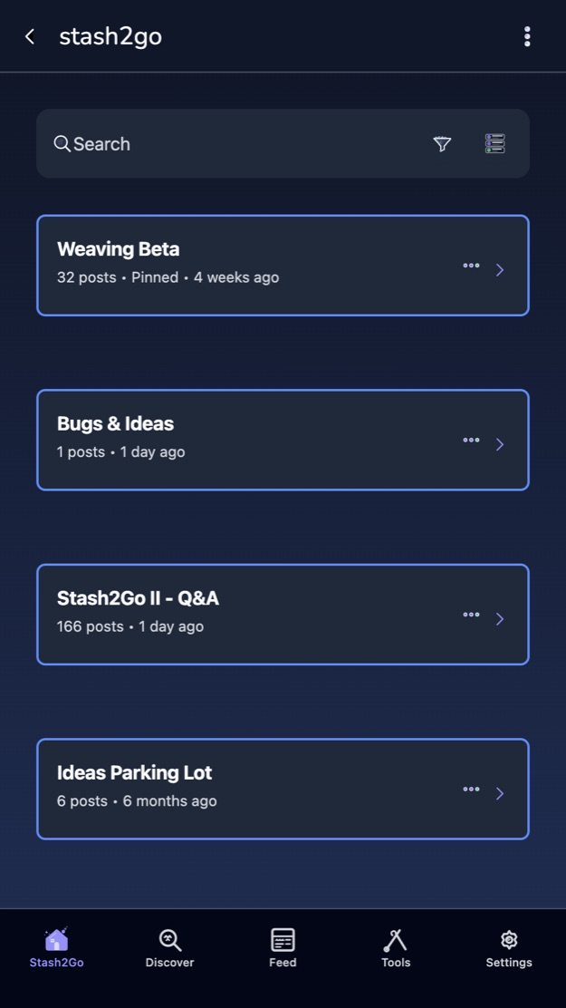 A forum on a phone, listing its topics with post counts and last activity