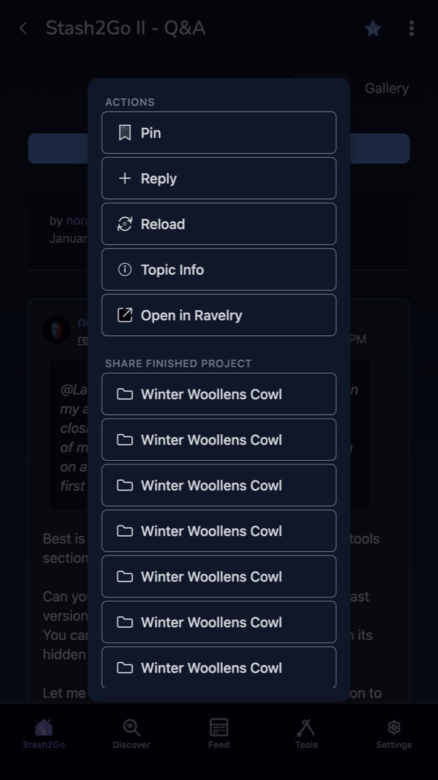 The topic menu with navigation shortcuts and a list of finished projects to share