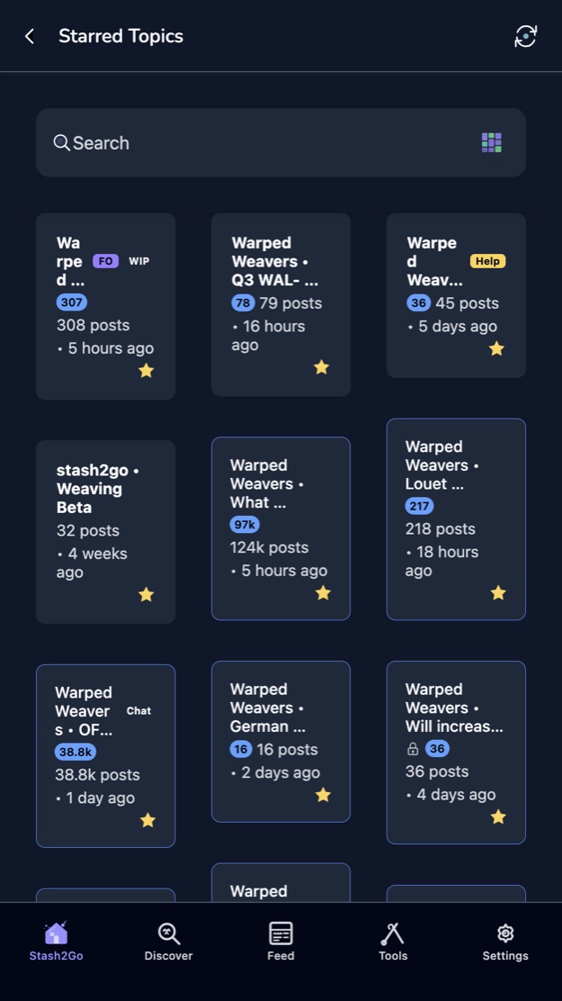 Starred topics, each with its post count and when it last moved