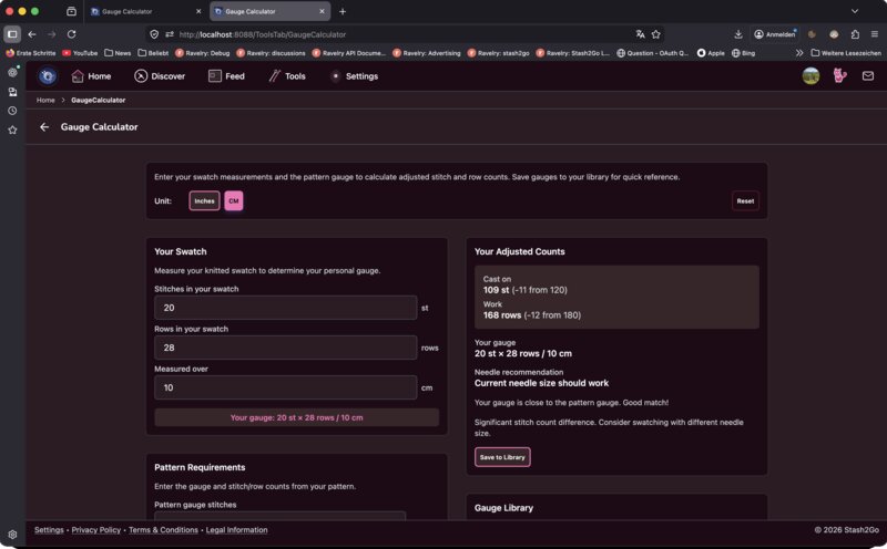 Gauge Calculator showing swatch measurements and adjusted stitch and row counts