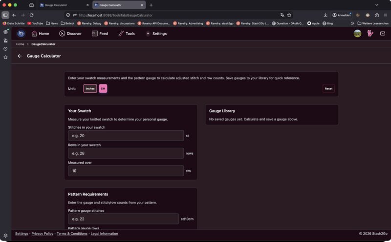 Gauge Calculator with Knitting and Crochet mode toggle and unit selection