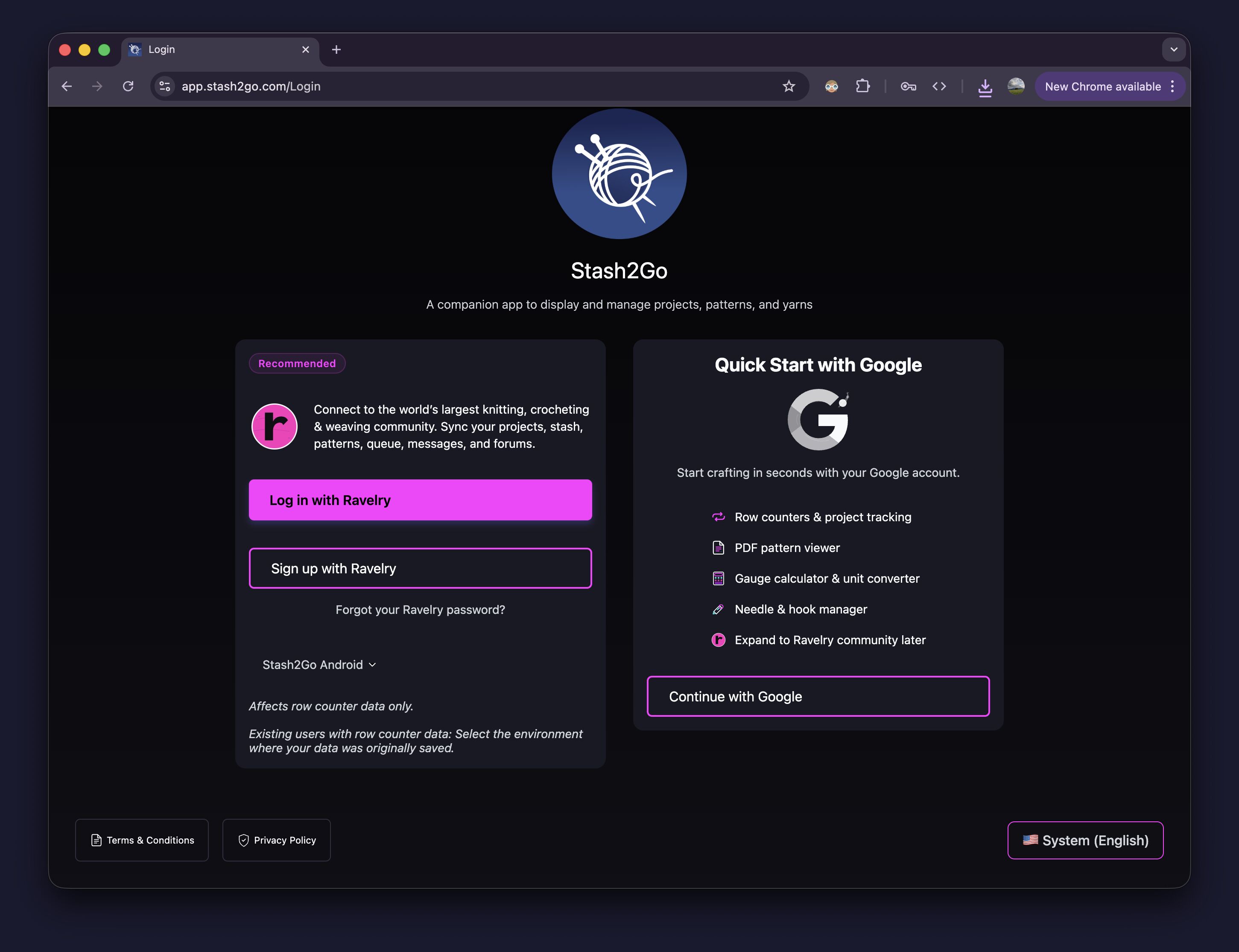 Stash2Go login screen showing Quick Start with Google option