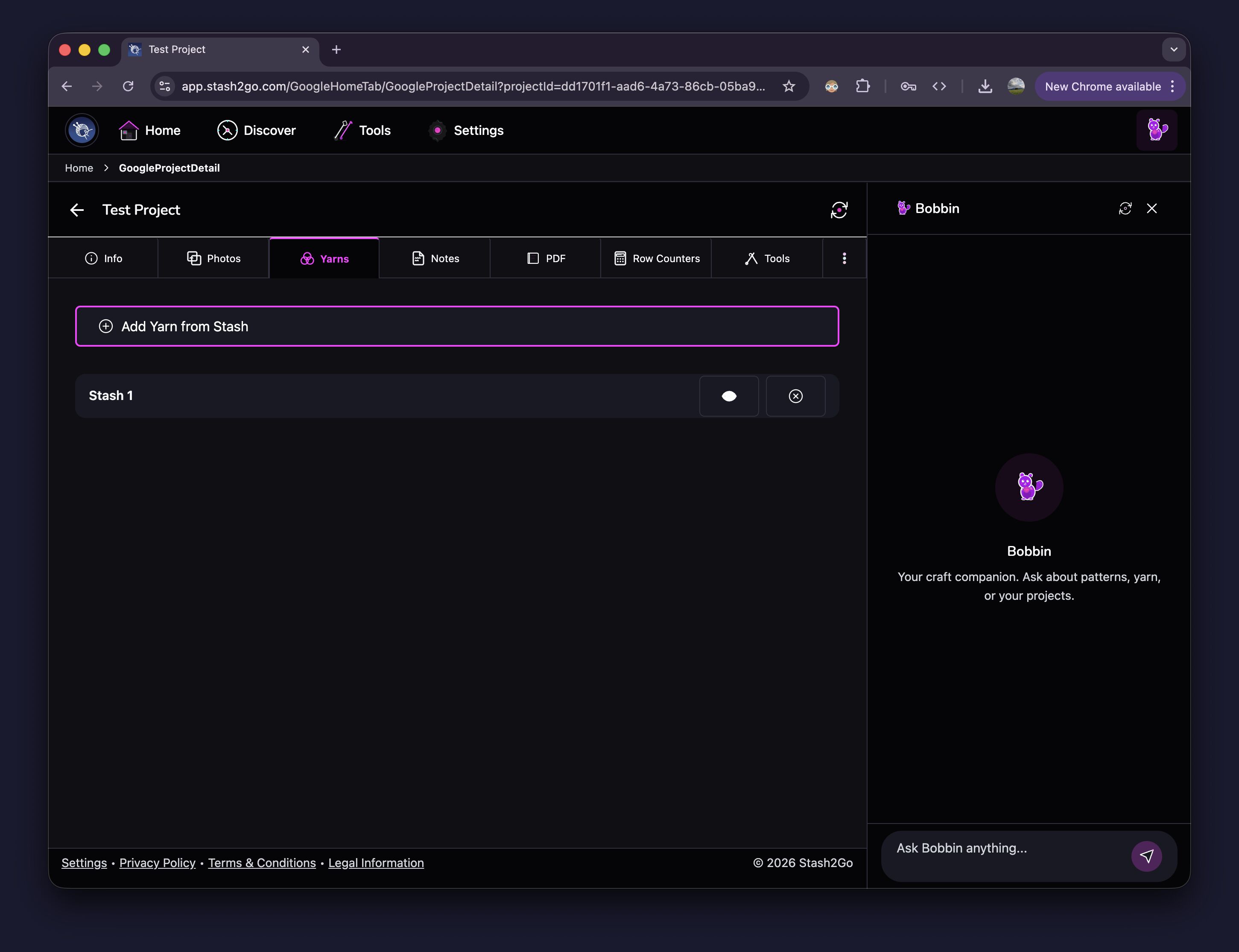 Project yarns tab showing linked stash entry