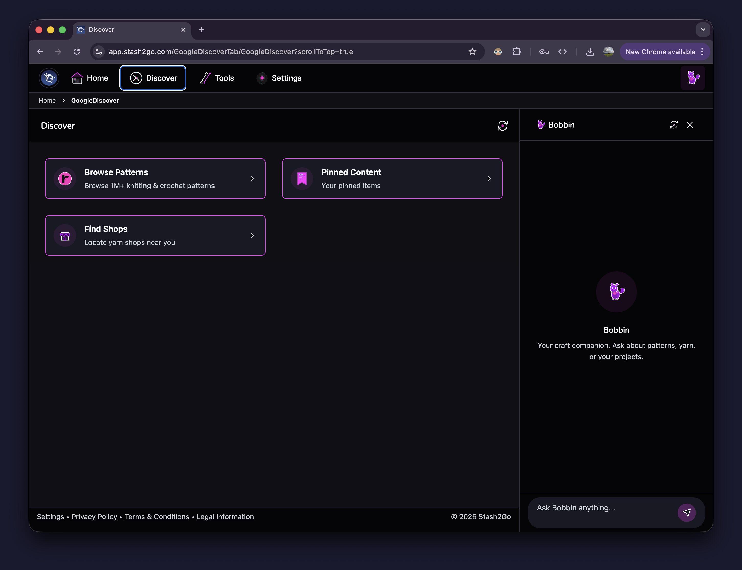 Discover tab with Browse Patterns, Pinned Content, and Find Shops