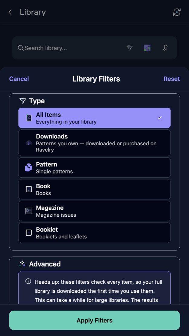 The library filters, offering all items, downloads, pattern, book, magazine and booklet