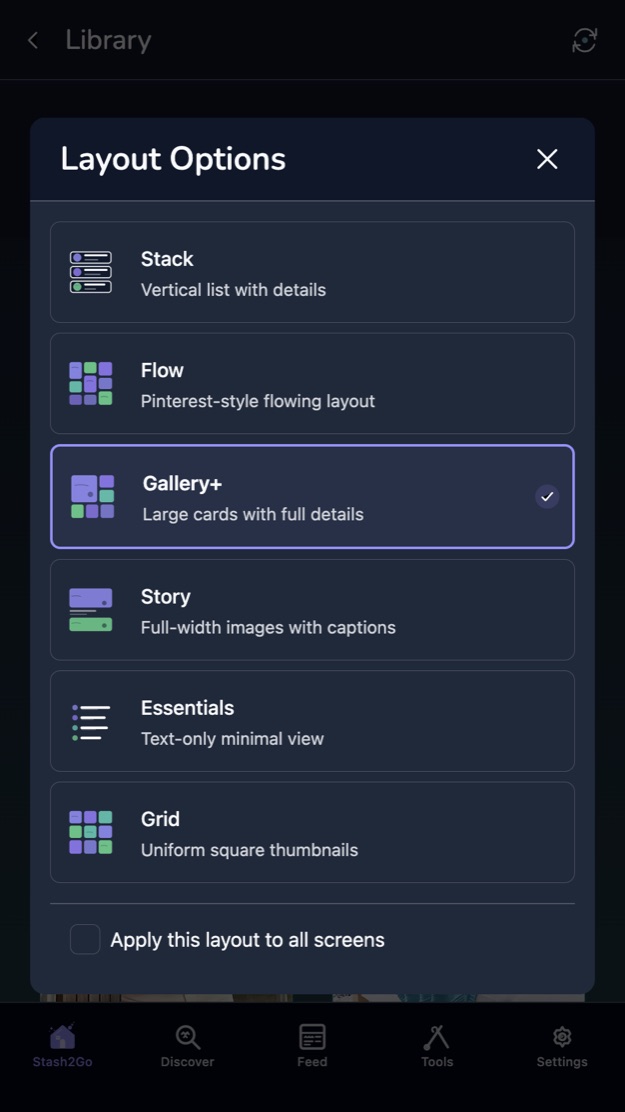 Layout options offering stack, flow, gallery plus, story, essentials and grid