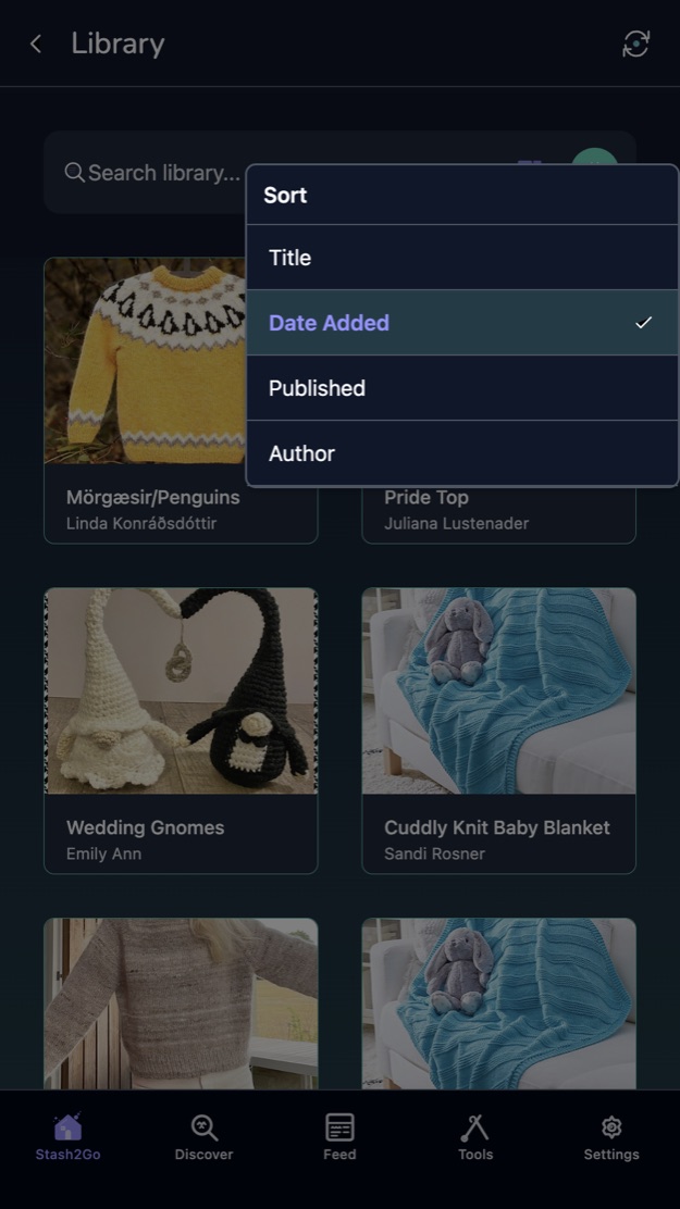 The sort menu offering title, date added, published and author