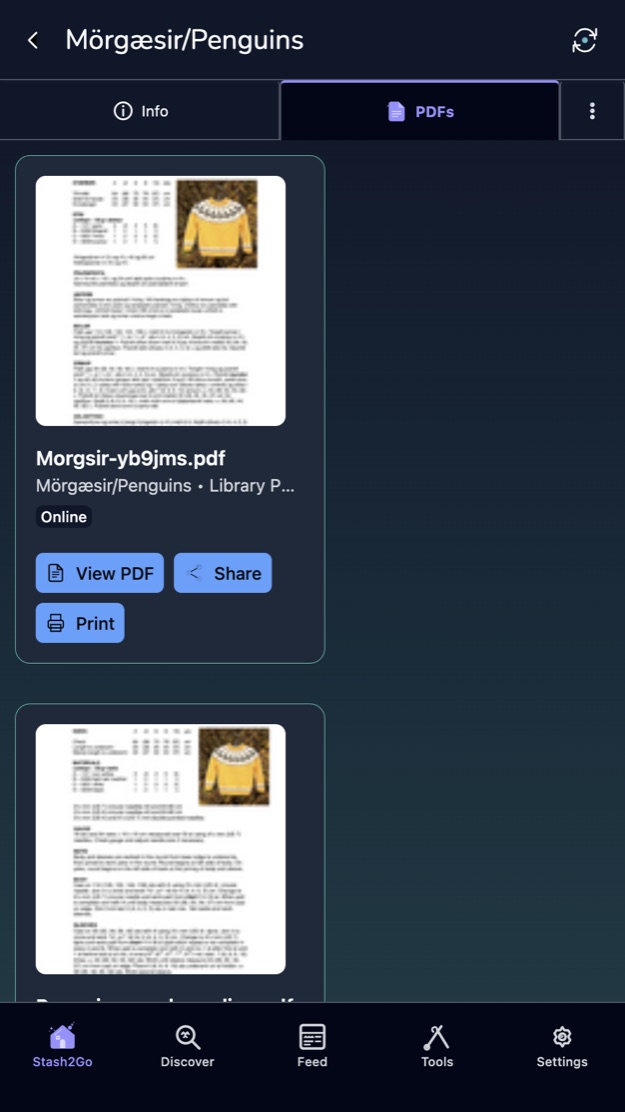 The PDFs tab listing each file with its size, and view, share and print buttons