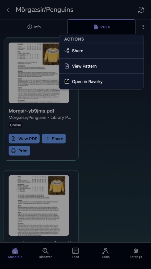 The volume actions menu offering share, view pattern and open in Ravelry